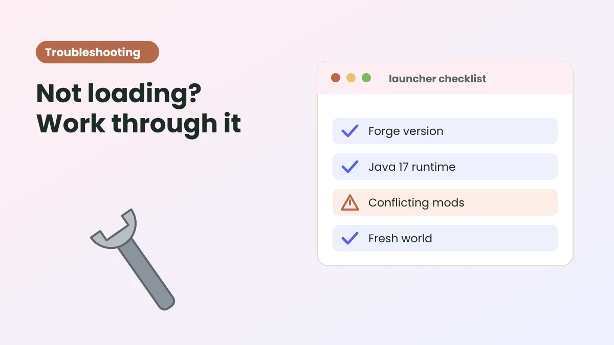 Illustration of a launcher checklist with Forge version, Java 17, conflicting mods and fresh world rows beside a wrench